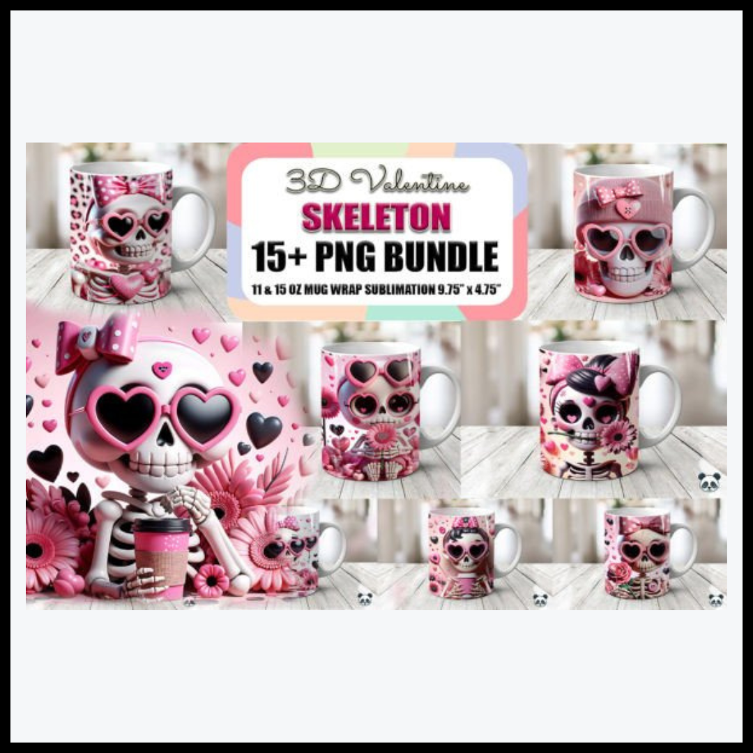 Bundle of 3D Mug Wraps featuring Valentine's Day Skeleton theme